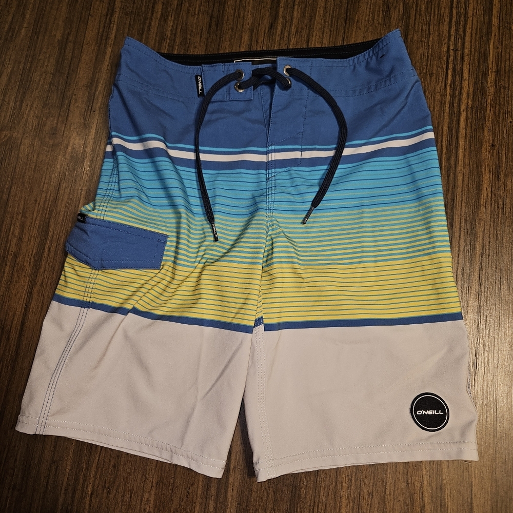 O'Neill 23 hybrid board shorts swim trunks striped surf beach blue yellow